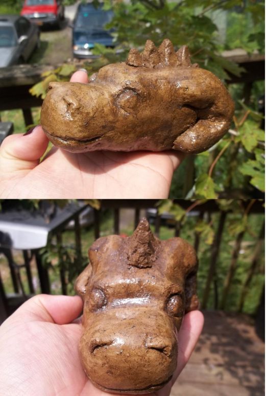 By CatC
This is going to be a birthday gift for one of my friends. I sculpted this out of clay, which I actually dug up and cleaned and separated out roots and such, I left it unpainted because to me it looks like wood.
