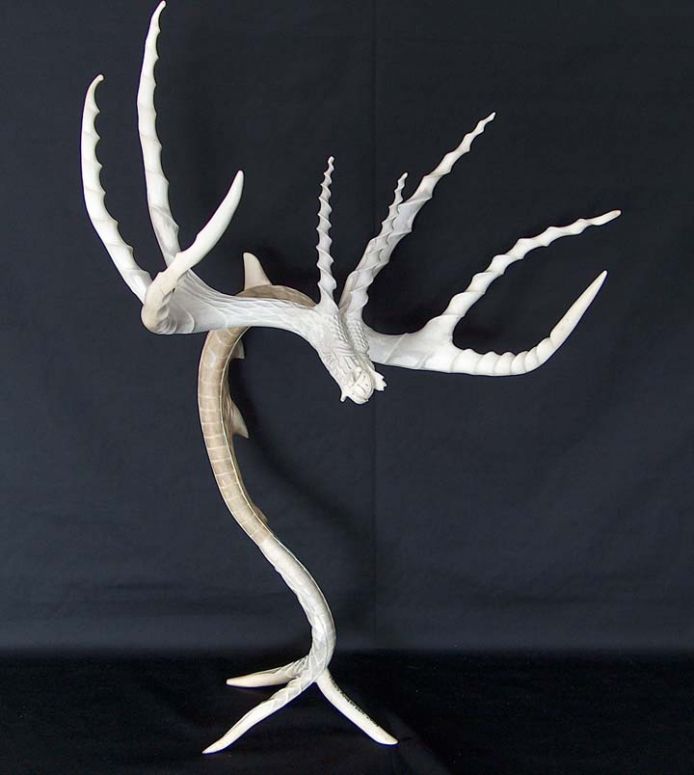 We have an on line Aboriginal art gallery, one of our artists dose antler carving and has created a fantastic dragon made from 5 deer antlers 2 being a match set that are bolted together. This dragon Stands 28 inches to the highest tip to 22 inches across. This is the second of two that have been created, this one is for sale the asking price is 3,500.00. I thought you being a dragon enthusiast you may know of someone interested in purchasing this on. 
