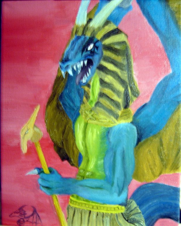 Self Potrait - By Egyptian Dragon
The "sparkles" are from the light hitting the still wet paint.  My logo is in the bottom left hand corner.  The wings and tail are big for a reason; that's just the type of dragon I am.  How else am I supposed to generate HUGE sandstorms, and "whip" my enemies into shape?  It didn't come up correctly, but on my "necklace" there's supposed to be an ankh symbol carved into it.  I used oil paints to paint myself! Hope you like it!
