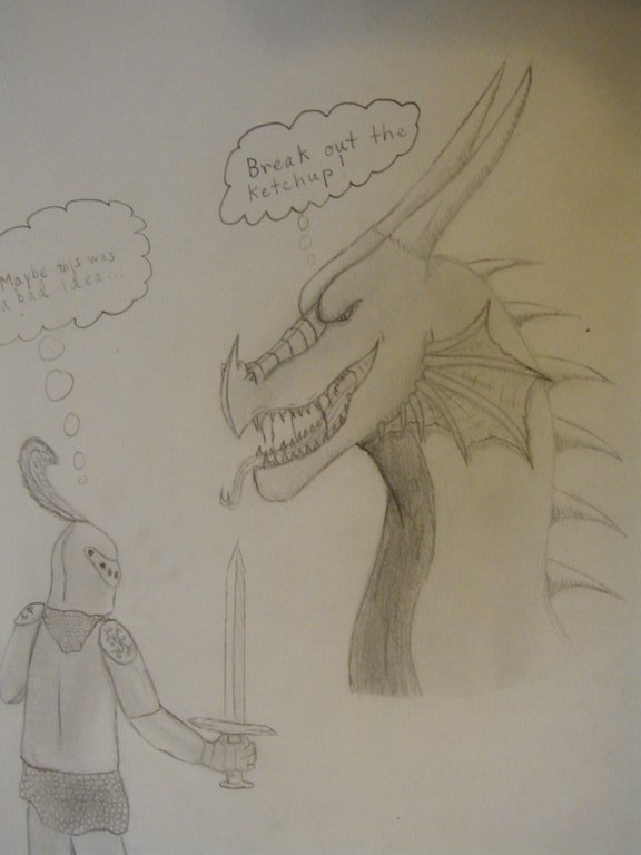By Tiamat
I thought of the phrase "Don't meddle in the affairs of dragons, for you are crunchy, and taste good with ketchup" when drawing this. XD
The knight is thinking "maybe this was a bad idea" and the dragon is thinking " break out the ketchup!"
Keywords: Head