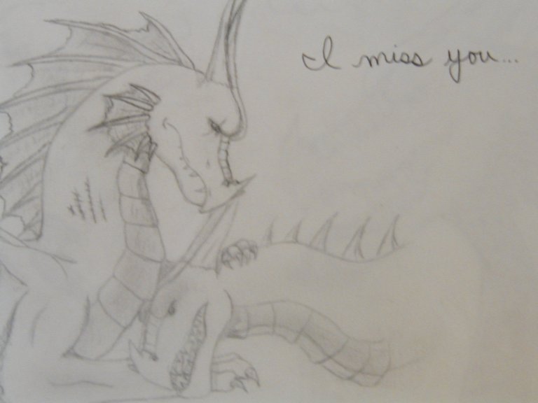 I Miss You - By Tiamat
I was inspired by catc's poem and picture ( where the dragon visits the place its love died )
I was strangely happy when drawing this, and listening to an energetic song, so I'm surprised that this sad pic
came out... o.o' anyway, its about a war veteran dragon holding his spouse after she dies. Its kinda hard to see some of the details, like the rest of the leg and such. grrr, stupid camera takes so much out of it! >.<
