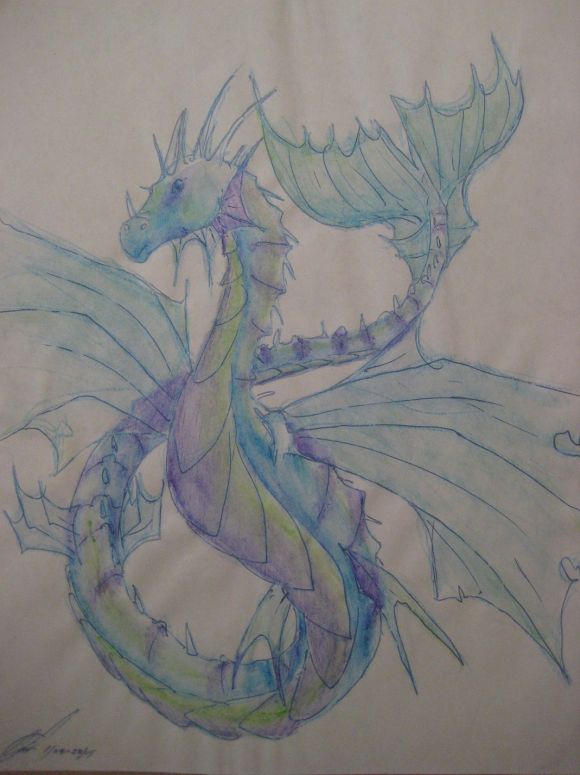 Sea Dragon King - By Jade Dragon
I drew this a while back..just a sketch in color pencil...really fun.  Used water color pencils and sparkly pens.
Keywords: water