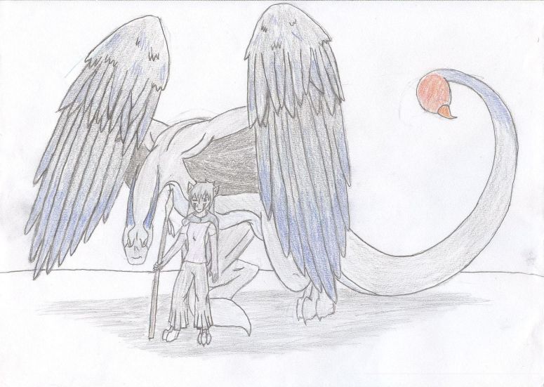 Dragon God and Bane - By Midnight Dire Wolf
YAY!!! I cheated! I made the wings half normal and half feathered. Laziness is sometimes my best ally. Sometimes.  Anyways I have a little writer's block so I've had more time to draw a few scenes of my story/book/thing.
