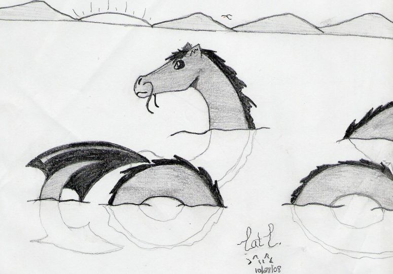 Dragon of the Deep - By CatC
10/27/08
Well i was very bored in my 1st pd class and so I began to randomly draw shapes and then a head formed
and then well the rest of it kinda formed out and voilà a product of boredom in class xD I actually have found out that i like doing water types from this piccy. So anyways hope ya like it 8D
Keywords: Sea-serpent