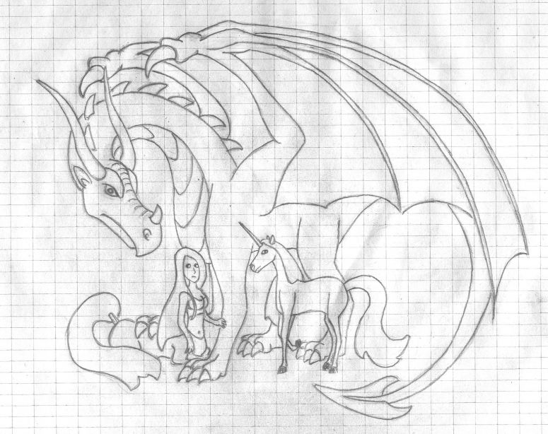 By the Lonely Dragon
Begun during biology lesson and finished in the train.
I don't really like the unicorn...
