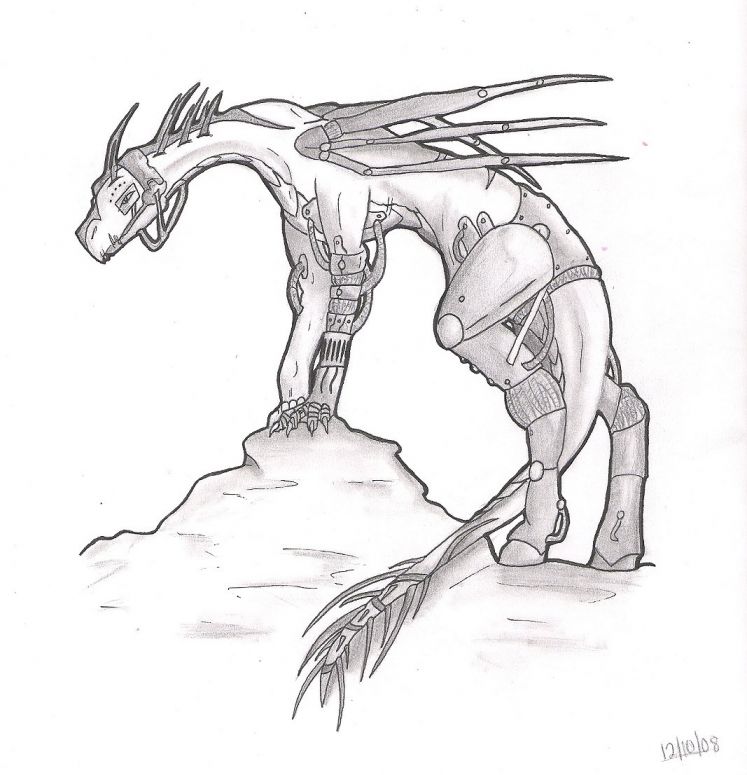 By JeweloftheSea
I haven't drawn a real dragon in a little over a week and a half, so I'm kinda rusty along the lines of doing so. This one is basically a redo of one I made earlier in the month with mechanicalized body parts. The arm can turn into a gun-like thing. If you guys want to suggest a name/background, whatever, feel free to do so. I haven't developed one as of yet.

