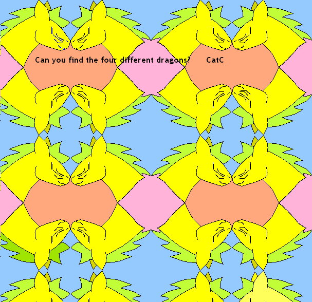 Dragon Motif and Difference Game - By CatC
04/15/09
Okays well this was a little thingy that i just did on a whim of boredom....  i just was doodling on Paint and the little dragon formed and then i decided to make a motif then i noticed a mistake and i was like wait i could make this like a coloring book game.. so peeps can u find the four different dragons? there are two easy ones and maybe two hat are a little harder..... i dunno this is my first attempt at one of theses... so hope ya like it and have fun n.n

