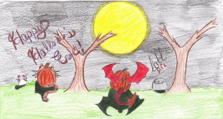 By CatC
Well this was done in one of my ag classes and I was so bored. Thus a product of boredom was formed and colored. I like the dragon pumpkin the best out of the pumpkins. The coloring for the backgrounds not that great, but hey it passed the time xD

Keywords: weird