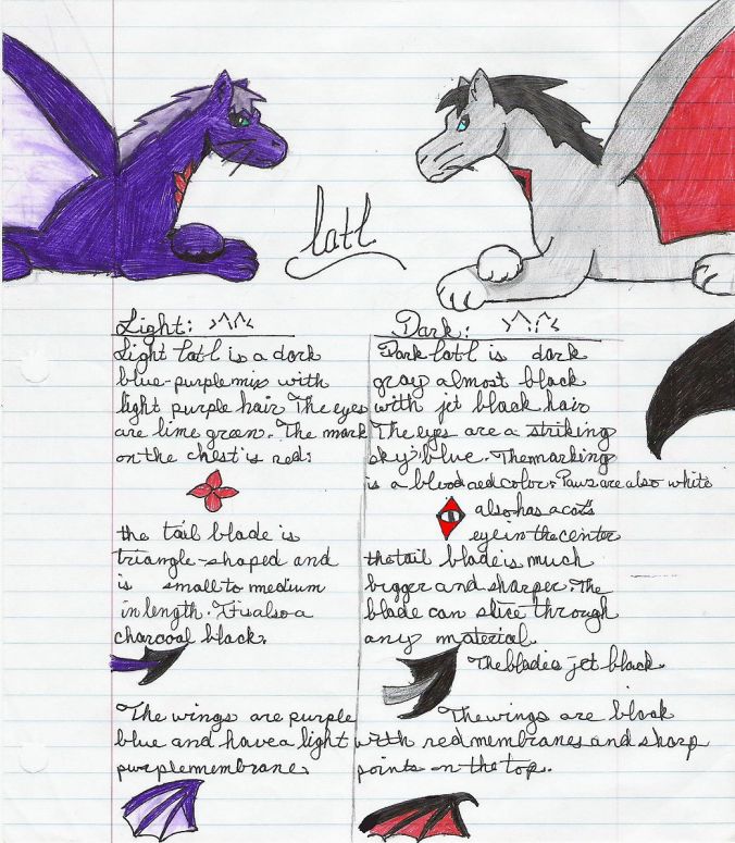 CatC Light and Dark Forms - By Catc
03/15/09
Okays i decided in my boredom to draw a dark side for my dragon character the shading and such isn't all that wonderful because all i had were pens and they were only in the colors black, red, blue, purple, and green. Oh and a pencil..... so i decided to give the dark one white paws partly because Hope has white paws like that and it has to do with the fact of when my character as in the dark form, she was forced back into her light side and in the process the force that forced her made her paws turn white from the energy.... also the reason for the bright blue eyes, they were a darker blue before the incident. She can still go into her dark form only if she feels threatened or is unconscious and does it out of instinct, although she has no control over that side when it happens. So anyways hope ya like it n.n sorry if the writing is blurry or if you can't read it very well DARN U SCANNER! xD"
