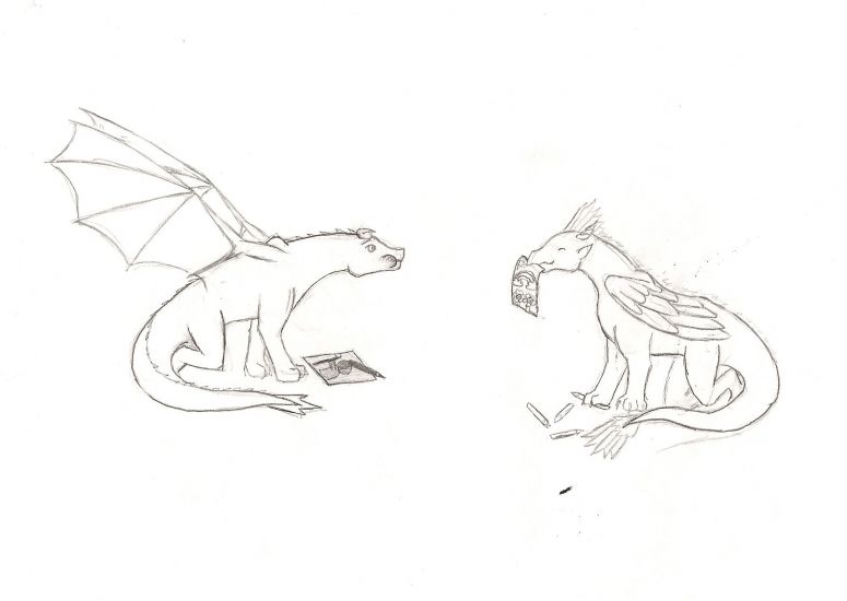 Nayru and Bane Sidhe #2 - By Nayru
These are the same dragons as last time. in this picture they are drawing their own pictures and i am drawing one with rainbows and happy flowers while bane sidhe is nearly barfing at the "to much happy".

