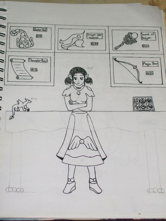 The Button Shop of Eliester - By Rana Mizu
This is the Button Shop, located in Milan Town, the first town that you visit over the course of the game. There are one hundred hidden buttons throughout the game, which you can collect and bring back to this shop to trade for a magic scroll, a jester hat (shaped like link's hat from LoZ), a dragon's war helmet for Anna, a magic sword, and a magic crossbow. Collecting all these things are a requirement for opening the secret video at the end of the video game. (Don't ask what it is, I haven't figured it out yet)
