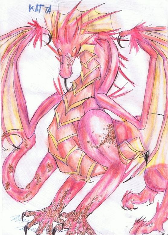 Katta Dragon Form - By Nighthawk
This is Katta's dragon form. It is extremely large (Could fill a ballroom) but extremely flexible due to its snakelike structure, allowing him to squeeze through structures much smaller than he. His wings are also very flexible and durable, able to bend easily without breaking. 

Due to this form taking up such a large amount of energy, he typically doesn't stay in it long. Also, he tends to sleep a lot to make up for the extreme loss of energy when in this form. 

More info and original can be found here: http://nithak.deviantart.com/art/Katta-Dragon-form-126732218
