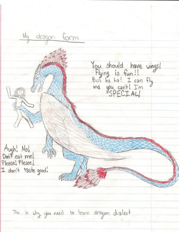 My dragon form - By Nayru
I am the dragon and the person is my evil english teacher. this is my dragon form, and my elements are listed on my pro file (i think). i can walk an all fours or stay on my back legs for a very long time, so my front paws are a mix between feet and hands.
