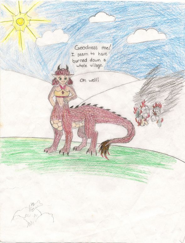 Dragon-girl, one step beyond wings and tail - By Nayru
This was my first attempt at drawing something like this, and i never expected it would get this far. the words in the bubble say: goodness me! i seem to have burned down a whole village. oh well!
Keywords: anthropomorphic