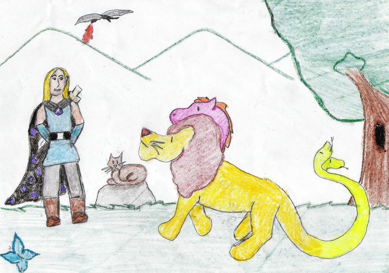 By CatC
10/21/09
This was requested so I drew it... I have to say that I really suck at drawing people ><' So anyways there is a chimera, i drew the lion part first and was like" I have no clue where to put the dragon's head xD so i snuck it in and then the two snake heads for the tail and then whats a piccy without a little kitty n.n
So anyways hope ya like it 8D
