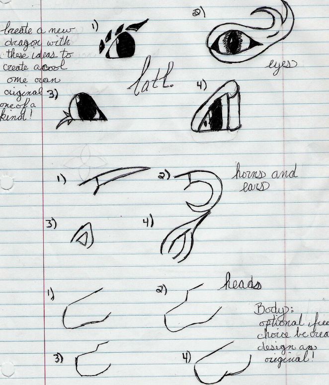 By CatC
This is the guideline picture of the option that you can use to 'create a dragon'... i thought it would be a fun way to learn or design new dragon characteristics and features... this was inspired by myself because i seem to have been in the rut of drawing the same character all of the time.... the rules for the contest are that:
1: choose a characteristic from each category (head, feet etc....) you can have both horns and ears for that part...the creative part is in the body, the color, name and other design feature you want to include. the picture doesn't have to be colored and the contest ends in the middle of may.... have fun n.n
Keywords: Eye