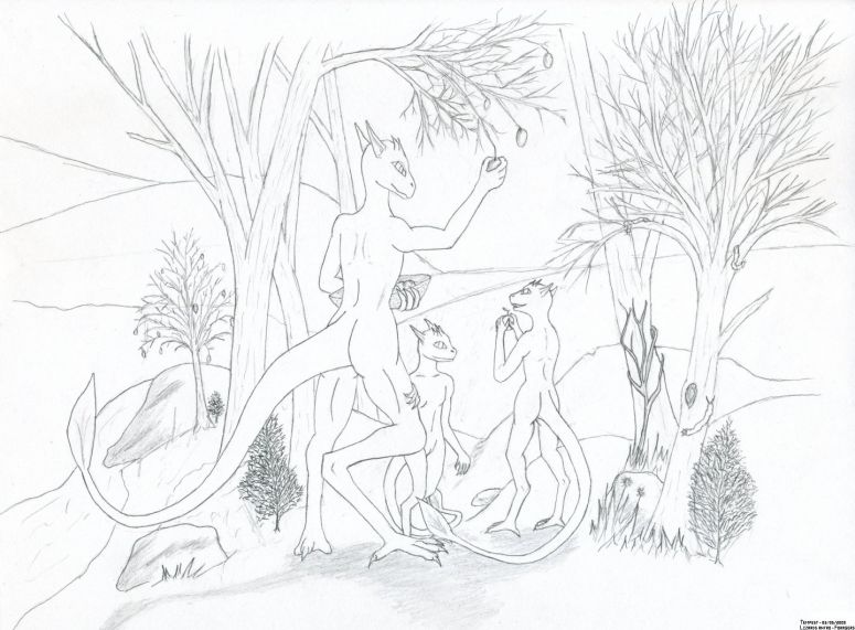 Mother and young ones foraging - By Tempest
First, I'm sure everyone has noticed: they are unclothed. I can't believe I thought about it all day if I should post this or just leave it in my sketchbook. Maybe it has to do with the fact that someone suggested me to draw something and now looking back at it, it's probably the kind of stuff that I will receive some flak for... But the thing is, while clothes can make a drawing more interesting and certainly non-offensive to anyone, it also tends to hide structural flaws. So I wanted to draw something that get back to the basics and from a back perspective since I rarely draw my characters that way.

At any rate, those little gecko-like critters (they do have big eyes, it's not just the style and no they don't stick to glass) are supposed to live into a world of mine. Well everything I draw finds more or less a place in there so, these little lizards (currently unnamed) live in southern area of that world. The principal resources of that place is jungles, forests, swamps and [emphasis]mosquitoes[/emphasis]. So races without scaly skin (human, elves, dwarves, etc) or some sort of natural/magical protection (or a lifetime supply of DEET) don't really want/like to live there.

These creatures have their own language, customs and everything; they are generally of good company and rarely seek troubles but they are not really philosophers or intellectuals. They eat pretty much anything they can get their hands on but feed mostly on giant worms/bugs. They don't eat dead meat (eating such food in a warm climate is a sure way to get sick, but they don't really make the difference if the said meat was properly preserved). They usually don't wear clothes unless it's decorative and they are creatures a bit in-between warm-blooded (endotherm) and cold-blooded (ectotherm) with a body temperature ranging from 30 to 40'C (poikilotherm). Above that range they die, below that they fall into torpor and eventually die... after a while. So they tend to like the sun. Adults stand about 4 1/2 feet high with a 5 feet tail. There is little difference between the two sexes but for humans they all look female (for example despite its appearance, the small one in the middle could be either male or female).

Humans love them because they eat the giant bugs that devastate crops but hate them because they think that the said crops are an all-you-can-eat buffet (since they eat much less than the bugs and unlike the bugs, they don't destroy the crops/trees, it would be reasonable to say it's   a small price to pay but no; people tend to be irrational and a world where everyone sings Kumbaya wouldn't be as fun).

Usually, their coloration varies from brownish-orange to green with black areas. Odd colors can pop up from time to time, like red or blue which can make them appear vaguely draconic despite being a lot less dangerous and lacking their too frequent "god complex".

I don't have a clear story for those three except maybe that they live in a clan-like village more to the north and are used to see humans and other human-like people. Shown as foraging fruits. I planned to put an angry farmer (they were supposed to steal fruits and ignoring the giant worms that are killing the tree on the right) in there trying to shoo them away but the drawing was getting a bit crowded. It would have been a way to highlight the fact that a creature doesn't always eat what they are supposed to. After all, a treat is a treat no matter where they find it. I will eventually find a proper story for them so for now their only task is to look cute (are they?).

Done with my usual 0.3mm pencil.
Keywords: Anthropomorphic