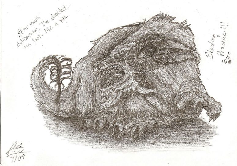 Mr. Yak - By Zephyr
I drew this guy cuz 1. I needed shading practice, and 2. I was watching Beauty and the Beast and I absolutely love that old Disney movie (it was my favorite when I was wittle). I was going for a hairy dragon...but he kinda turned out a little...yak-like. I won't deny that there are quite a few mistakes in here...I stayed up late drawing him, but I didn't look at the time when I was finished so I have no clue how long he took...estimation is about fourish hours. So anywho, he may look a bit like the Beast, but I love that movie to death. I hope you guys like...feel free to diss and advicefy. (Oh, btw, he's not short. He's just crouching and getting ready to pounce. Maybe I should've drawn him without hair...)

