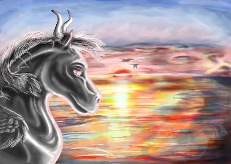 Nature's Painted Canvas - By Delbin
Celestia, the mother of the dragonhorse race and the only one with feathered wings. I know she looks grey/silver in the picture. But she's pure white. it's just the shadows of her facing away from the sun. I'm still not great on that sort of accurate shading and overall scenery, but I think it came out ok.

Keywords: Head