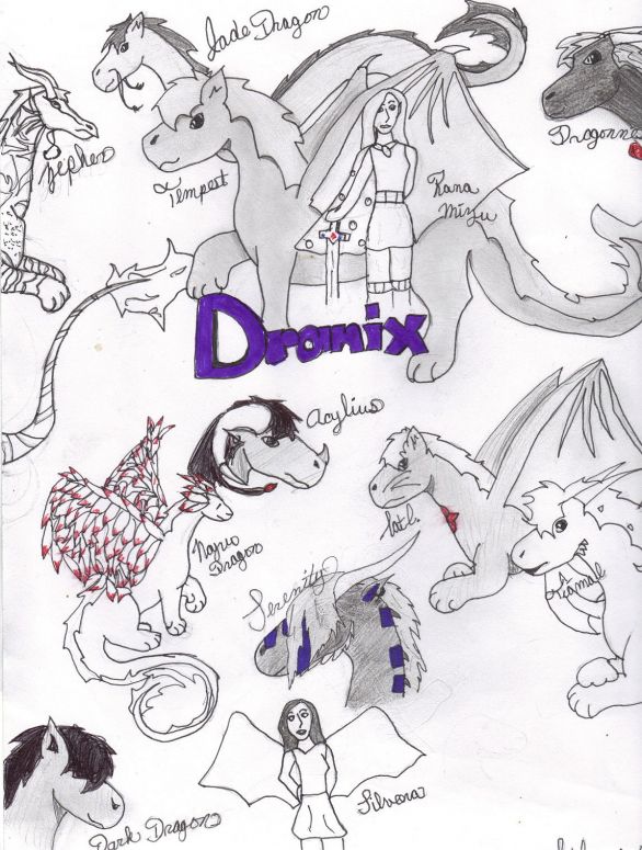 SUPRISE DRAGNIXIANS! - By CatC
06/30/09
Well this is the surprise you all have been waiting for. :D sorry if i got anything wrong with it. I decided to just color the character's identifying characteristic such as Serenity's blue stripes then I just colored the rest with my pencil.... so a made a few guesses with some like Dark Dragon and that is why you have super hair xD so any ways hope ya like it oh and I tried with the people and it was a failed attempt so sorry..... 
