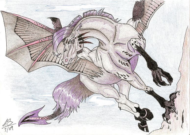 Violet's Flight - By Zephyr
Okay... when I saw all those dragon/horse pics on here, I was like..."I have to draw this!" So I did. She took me the longest time out of pretty much all my drawings...I think about 7 hours...so about as long as Caarie and the spirit. The horsedragon's name is Violet. She does look a little evil, but I assure you, she isn't. She has a very loyal and caring personality, though she's very shy at first. Anywho, I drew her with pencil/pen and colored her with colored pencil. Hope you guys like! And, btw, she's young, so she can't really fly yet...her wings aren't fully grown. She can glide and bounce off cliffs though. XD
