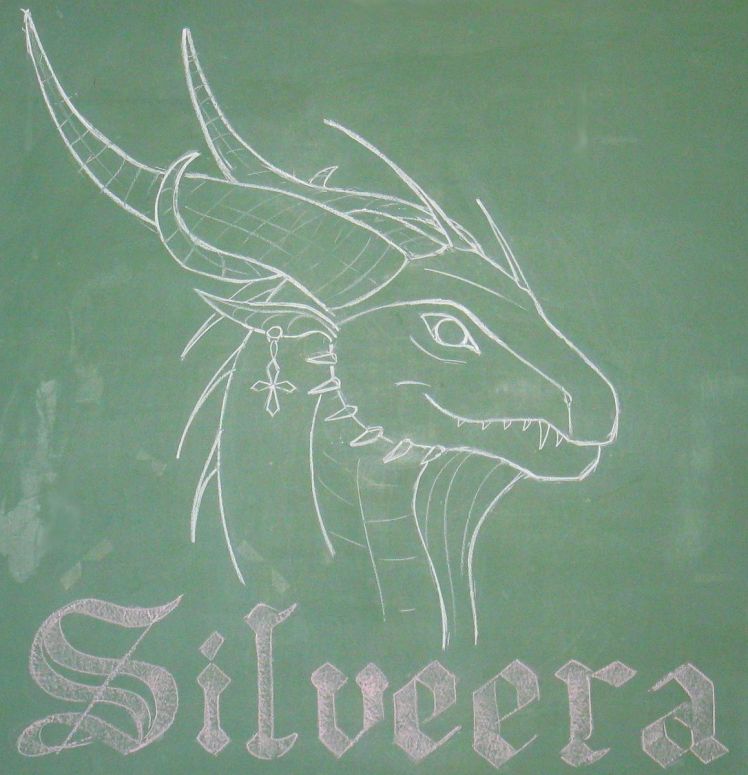 Silveera - By Azdaracylius
Here is another chalkboard portrait.

This was hard too, I know the shape is not exactly the same than on Silveera's pictures, but I think it's ok though. And the name is red because there were no more white chalk...
Keywords: head