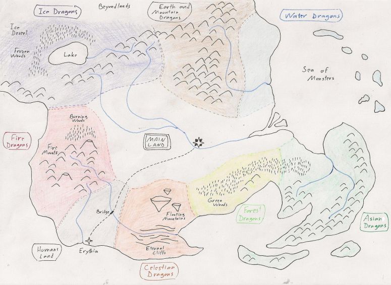 Map of Dragnix  - By Azdaracylius
I wanted to illustrate my idea of a continent divided in several regions, one for each kind of dragon, each one with an access to the main land and to the ocean. I made it using the description that was on Hyozanryu's picture last week. It's not necessarily the final version I want, it was just to illustrate what I had in mind at this time.
Keywords: Map