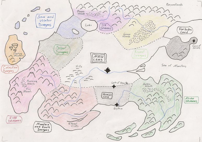 Second version of the map - By Azdaracylius
Newer version, combining what Keeper, Hyozanryu and I proposed. A continent and some islands divided in several regions, each region with an access to the Main Land and the ocean. Each land can have its own name, but I'm very bad at inventing names...
- Main Land: the Grand River valley, the delta, the western hills and the capital city (name proposition?).
- Asian Dragons Region: large peninsula and the southern archipelagos, with mountains and the Golden Woods.
- Mountain/Earth Dragons Region: huge mountains and the Eternal Cliffs.
- Fire Dragons Region: the western peninsula, with the Burning Woods and the Fire Mounts, a volcanic chain.
- Celestian Dragons Island: The only region without direct access to the Main Land, but it's not a problem since they can fly from the Floating Moutains to the continent.
- Desert Dragons: a dusty warm desert, sometime covered by smoke and ashes from the volcanos of the Fire Mounts. Only a few dragons live there.
- Sea/Water Dragons region: the lake region, the West Sea and the Northern archipelagos.
- Ice Dragons Region: northern region, with the Frozen Woods. They used to fight Water Dragons about the Main Lake possession.
- Forest Dragons Region: a vast plain covered by the Green Woods.
- Forbiden Land: the ancient land of Shartarano, with the Cave of Secrets in the eastern extremity.
- Erythian Region: the humans land, with the Gate of Hearts at the frontier with the Main Land, on the road from Erythia to the capital.
Keywords: Map