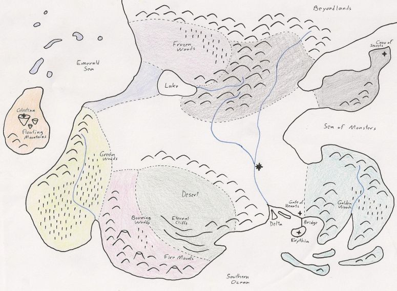 Azdaracylius
Third version, with some modifications.
- Main Land with access to the Sea of Monsters and the Southern Ocean, with the Delta on the south coast.
- Celestian Dragons: on the island in the Western Ocean, with their city Celestina in the Floating Islands.
- Water and Sea Dragons: the west coast and the Northern Achipelagos, plus many other small islands all around the ocean.
- Ice Dragons: between the Lake and the Northern Mountains, with the Frozen Woods.
- Earth and Mountain Dragons: the Main Chain and the land between the east coast and the Northern Mountains.
- Asian Dragons: the Eastern Peninsula with the Gilden Woods and the Southern Archipelagos.
- Desert Dragons: the desert between the Eternal Cliffs and the Inner Chain, covered with dust and ashes from the Fire Mounts.
- Fire Dragons: the southern volcanic chain with the Fire Mounts and the Burning Woods.
- Forest Dragons: the Green Woods on the west coast.
- Erythia: a small island near the Delta and the Southern Archipelagos, connected to the Main Land by the Great Bridge and the Gate of Hearts.
- Forbiden Land: the desert and grey peninsula in the Eastern Ocean, surrounded by the Sea of Monsters.
So, what do you think about it
