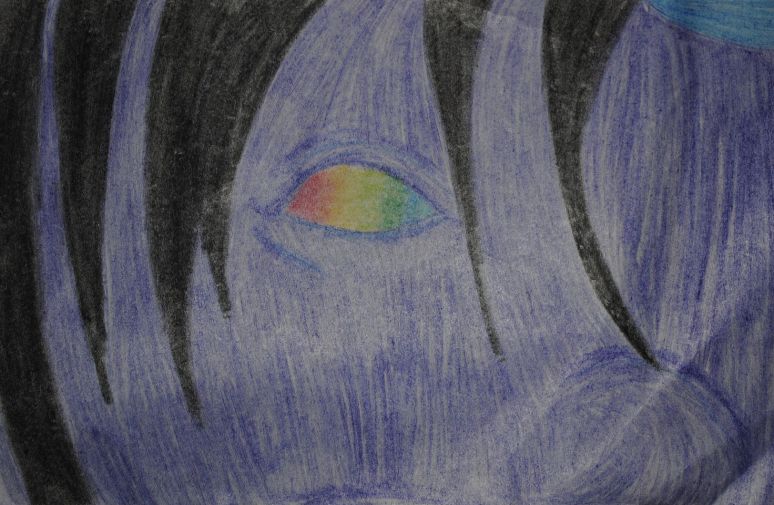 The Eye of the Roygorbov - By Dragonness Wyverna
I wanted to draw a close up of Vincent's eye to explore the rainbow aspects of a roygorbov's eye. I didn't quite get the prism quality of the eye right, but what can you expect with the low quality crayons I had to work with? :)
Keywords: head