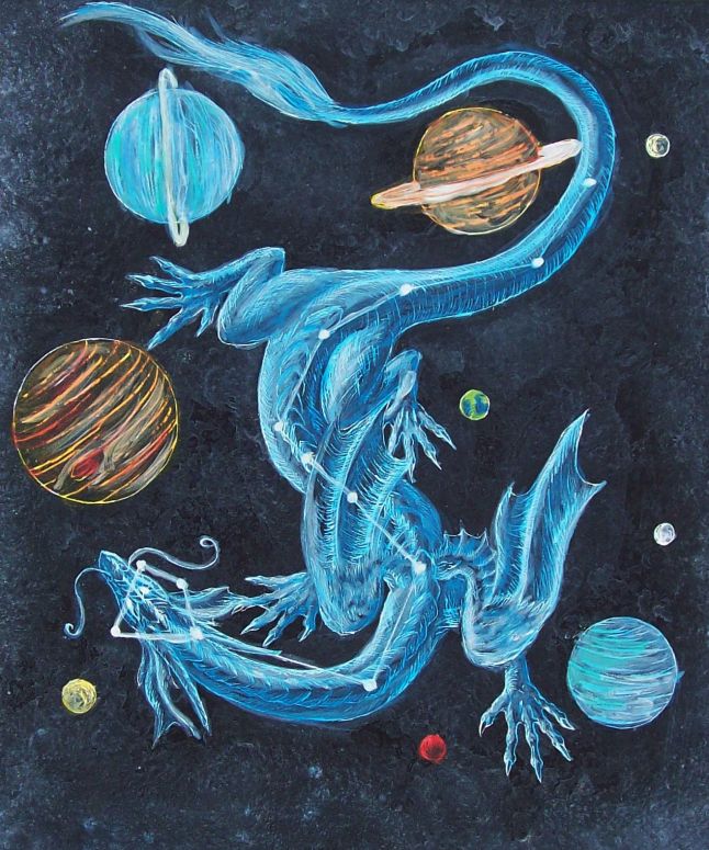 Draco Constello - By Kelsey Anne Kwolek
This piece was done for an AP Art class and is a representation of the constellation Draco using a rather ambiguous dragon type. Done on scratchboard with watercolor acrylic.
