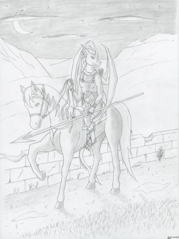 Rider - By Tempest
Done this trying to see how an anthropomorphic dragon would look on the back of a horse, doesn't look too bad. The bridle is bitless (on purpose) as it gives the drawing a bit of a positive mood by showing some sort of cooperative tone between the two creatures instead of one dominating the other. No name for these two fellows yet. I have some ideas but I'm still not completely decided.

The dragon is one of my more typical ad&d anthropomorphic creature; light-footed, bright and agile with a small dose of god-complex (i.e. they tend to think they are superior to every other races but if you can get past that, they usually make dependable and resourceful companions). On the horse side, she is based (in retrospect) on an Arabian type with the wedge-shaped head, small muzzle and somewhat smaller stature. As we are dealing in fantasy here, she has a bigger cranial cavity and a higher IQ than any typical horse as it tends to makes more interesting stories that way...

Done with my trusted 0.3mm mechanical pencil.
Keywords: anthro horse