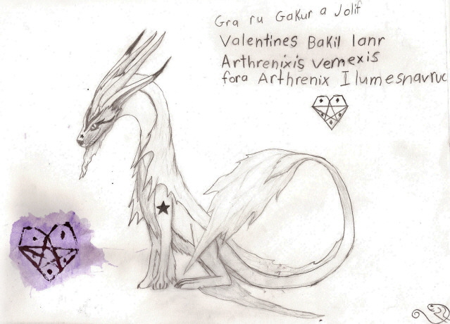 Arthrenix Starspawn - By Kelsey Kwolek
Translation of the Pentalgian words :May you have a happy Valentines Day and Arthrenixis Vernexis, pertaining to Arthrenix Starspawn. Arthrenix, the fox-like dragon, is a symbol of love and friendship and has many mysterious abilities which he once used to defend an ancient and long dead civilization called Yalaka. I made up this story for a school project last year. 
