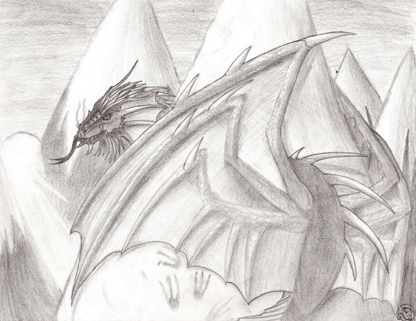 Cliff Glider - By Kelsey Kwolek
Uhm, well, I thought I would never do a detailed picture again even though I've been dyeing to for months,but then I got this weird wing design in my head and got carried away. Cliff Gliders are mountainous dragons who use their stiff, heavy wings to glide since they cant fly. They tuck their wings under their bellies covered in hard, thick scales so it can live in harsh climates and not feel a thing unless it is wounded. The wings are also barbed on the inside to assist in climbing mountains, as shown. They also have a flat and wide tail and a small body.
