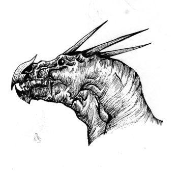Jasper - By Makla
Not a very pretty face, is ol' Jasper.  Not very nice either.
He's older than the hills yet he seems to be as simple minded as the day he was born (a loooooooooong time ago).  Not very bright but quick to anger.  
bad combination.
Done in pen
Keywords: Head