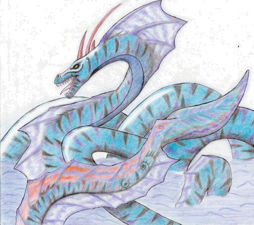 Leviathan - By Kelsey Kwolek
Okay, I have to update Pentalgian history again, but that's where this guy comes in! Apparently, Aragatha Pentalga started in Atlantis, and this is the Great Guardian, the Leviathan, with scales like glass, breath of fire, and a rage so hot the ocean boils at his will. His fins radiate a brilliant light and his eyes are like glimmerings of dawn, or so I read while doing research. his colors remind me of a beach towel!
