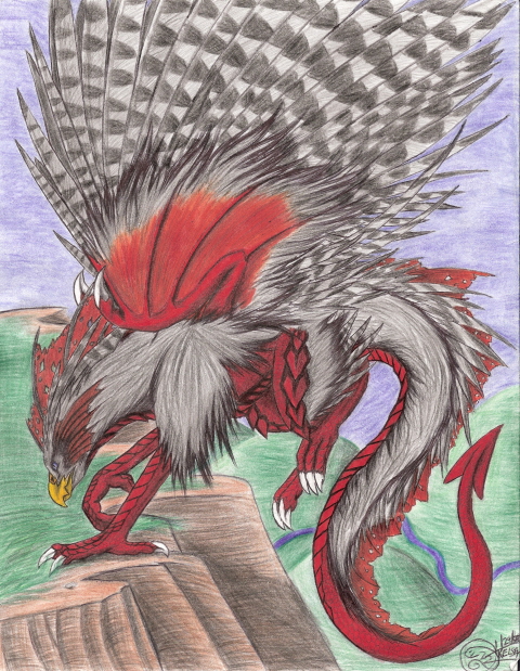 Nighthawk - By Kelsey Kwolek
A picture I drew for my cousin, Travis. He wanted a dragon morphed with a raptor. pretty huh? My first full detailed color background. Done with sharpies and color pencil, outlined in pen.
Keywords: Chimera