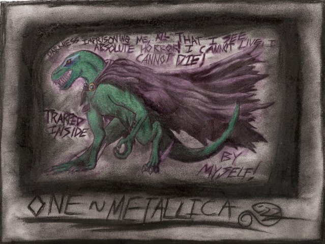 One - By Kelsey Kwolek
This was just me playing around with poses and using my much neglected colored pencils. Somehow, I got started listening to "One"~Metallica...then my mind suddenly filled with ideas. I used pen to outline, pencil to color, and charcoal for all the dark swirly mistyness. I then wrote in pen some partly modified lyrics from the song and erased the charcoal. I also used hairspray to get the charcoal set...and some of the pen melted. I at first curse my brains out, but when I wiped the ink up, it looked cool. I also entered this into a music inspiration contest held by Egyptian Dragon on DA. This is my character at about age 19 without the black fire scar, and then CDICA inscribed on her wrist by the ruler of Hell...and Elder Duria's cloak^^.
