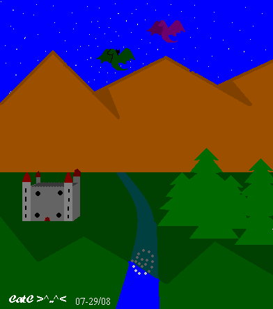 By CatC
This is the castle of Lord Archlight my story. Sorry Silveera... I forgot what color you were so I made you green and your kitty Crumbles on ur back :D and then of course the purple one is me :D so anyways the castle is a four story castle and is ruled by Lord Archlight who seems nice, but there is something strange about him because he is too nice,,,, <.< >.>
anyway hope ya lie it and hope it helps to image some of the story :D
