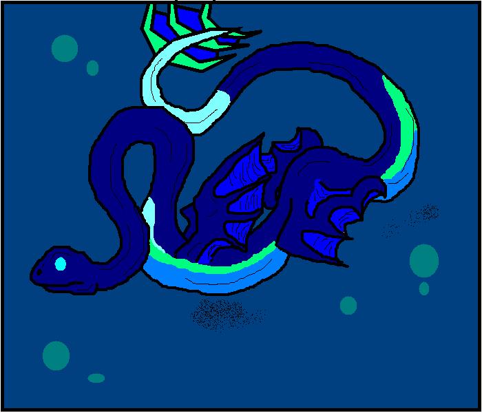 Citeer God of Water - By Fireheart
(sit-ear) Another creature that is one of mah "gods". this is Citeer. he is the god thing of water! he is even bigger than hayate too! in other words, he eats sharks on accident they r so small to him. they accidentally swim by and slip between the cracks in Citeer's enormous fangs. He can actually be
seen above the surface sometimes if u are really luc-ok UN-lucky. if u r able to see him, u r either about to be overtaken by a 500 foot tidal wave, or about to be swept into the whirlpool he creates after he jumps out of the water and dives back in. if u r wondering what he eats... well I don't even know.
