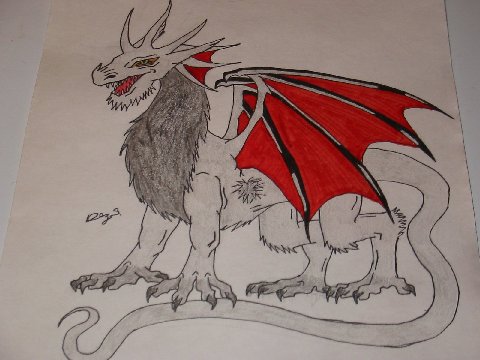 By Ferny
This is a full body portait of me, Ferny. I used a pencil method first and went over that in pen, then I colored it in. The wings and crests are done in red marker, whilst everything else is done is colored pencil.
