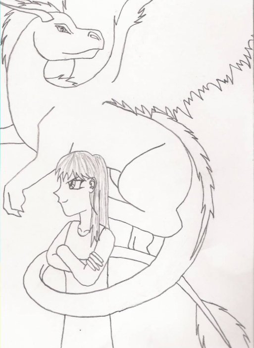 By Icefire
This is no more than a black and white version of "Anura", or rather "Sahirah"... my alter ego. (In both human and dragon form) It's not the best in the world...yet...those of you who have met her, should now be able to picture this brave-hearted soul clearly. (Description in human form; Her hair is light blonde with pure metallic silver streaks running through it. She is very pale, and stands around "5,3". Her eyes are a shocking cerulean blue color, and she prefers to wear anything with golden sparkles on it for some weird reason.) Her dragon stands at around 16 to 24 feet high. The mane, and fluff at the end of her tail are a sky blue. The eyes remain the same color. And the rest of the body is a light peach to a light tan. She is known to be very stubborn, but is very even tempered, and quiet. Not in the least bit shy, though. She is brave, and fearless, and makes a perfect leader in times of crisis. But don't push her into anything too crazy. She'll probably step aside and state that "She doesn't want to ruin her image as a pharaoh-ess.". (She is a 5,000 year old ancient spirit form Egypt, y'know.)  She also has a low British accent, and prefers not to be teased by it either. Yup! That's Sahirah! 
Anura: What! Icefire! What are you doing?!!
Icefire: Uh-oh! She's ticked! Better get before she gets angry! Bye!!!

