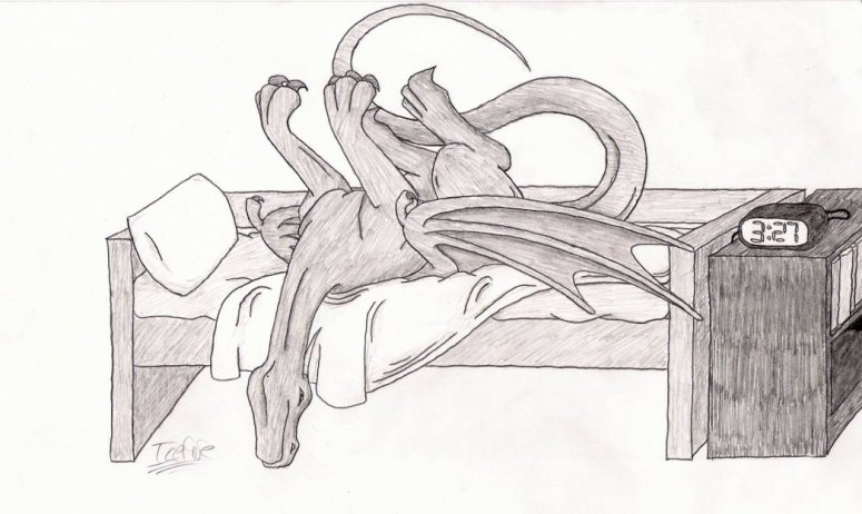 Yester-night's Boredom - By Icefire
This was me the other night. I got up at 3:00, and couldn't go back to bed, so I flopped upside-down, and hung off of the edge of the bed. Just sitting there for bout' an hour or so... letting the blood rush to my head... so... I drew a "Me" picture of myself as a dragon being as bored as a wooden plank. Everyone's had a night like this. Just hanging... Being bored... yeah... pretty much...
