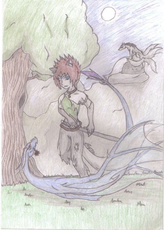 Big Surprise Book Cover - By Midnight Dire Wolf
As surprising as tis seems I actually wasn't going to send this in as my "surprise". I was going to send in ying and yang dragons... but this happened and I decided to send this in. It's the new cover to my book that I'm writing and the main character is Razlin (wolf girl) I'd give out more details, but I need to get it copywrited and suchnot.
 
Medium:
PrismaColor colored pencils
.5 mm mechanical pencils
Paper pencils
RoseArt and Crayola colored pencils
and paper (of course)
