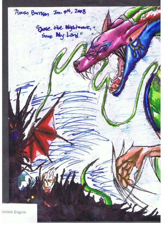 Chase the Nightmare, Save my land - By Nighthawk
This got a Special Notice in the school's Art fair for Dragons in Markers.
