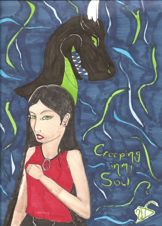 Creeping In My Soul - By Dragonness Wyverna
Drawn for Draykar.  Here are the lyrics off the song that inspired this picture: 
I see your face before my eyes 
I'm falling into darkness 
Why must I fight to stay alive? 
Heroes fallen 
Wake me can't you hear me calling 
Out of darkness they come crawling 

Here I am, 
I am Lost in your land 
And I hope you will be 
Creeping in my soul 
Shadows fall, let me out, 
hear my call 
And I'll always believe-
Creeping in my soul 

Creeps from the deep's 
gonna be freaking up your mind 
Creeps from the deep's gonna be 
Feeding off the spine 

I fade away into the night 
My eyes are closing in 
Shadows fleeing from the light 
My nightmares can begin 
Wake me can't you hear me calling 
Out of darkness they come crawling 

Here I am I am 
Lost in your land 
And I hope you will be-
Creeping in my soul 
Shadows fall, let me out, 
hear my call 
And I'll always believe-
Creeping in my soul 

Creeping in my soul-
It's getting out of control 
I got to find my escape and get out of this black hole 
Justice in the world is hard to find 
Time has come...
Got to make up my mind 
No matter how deep or remote you hide 
All my thoughts seem caught up inside 
Creeps from the deep's gonna be freaking up your mind 
Creeps from the deep's gonna be 
Feeding off the spine 

Here I am, I am 
Lost in your land 
And I hope you will be-
Creeping in my soul 
Shadows fall, let me out, hear my call 
And i'll always believe-
Creeping in my soul 
(Fade "soul")
