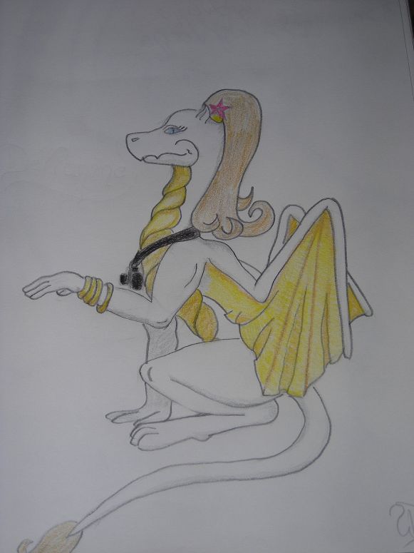 Dellanine - By Dragonness Wyverna
Ugh, this is a free 'sketch' I did for one of my friends, Dellanine. She photographs flowers, which is why Dellanine has a flower in her hair, and a camera around her neck.  Enjoy!

