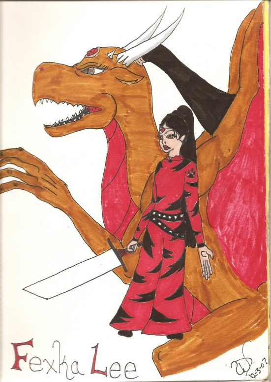 Fexkra Lee - By Dragonness Wyverna
You may remember my fire personality from that incomplete rp we did, well, this Fexkra Lee is inspired greatly by that Fexkra Lee.  They're practically one in the same, personality wise, but as you can see, the dragon in the background doesn't look like me.  The two figures are the same person.  Enjoy!
