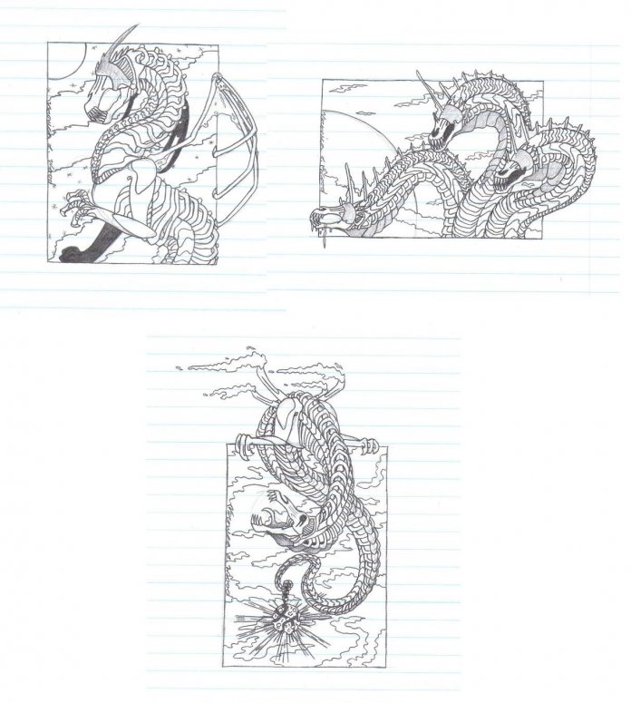 HellGate Sketches - By Sova D. Nagi
Medium:  Pencil
Info:  Top Left:  HellGate Dragon ;  Top Right:  HellGate Lindworm ;  Bottom:  HellGate Hydra
