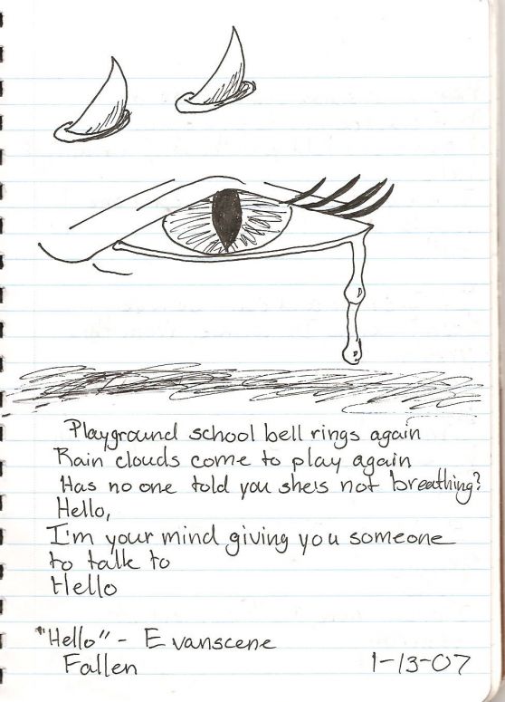 Hello I - By Dragonness Wyverna
I drew this kinda-sorta based on my favorite song 'Hello' by Evanescence. Here's the full lyrics:

playground school bell rings again 
rain clouds come to play again 
has no one told you she's not breathing? 
hello i'm your mind giving you someone to talk to 
hello 

if i smile and don't believe 
soon i know i'll wake from this dream 
don't try to fix me i'm not broken 
hello i'm the lie living for you so you can hide 
don't cry 

suddenly i know i'm not sleeping 
hello i'm still here 
all that's left of yesterday 

Yes, 'tis very depressing, but me loves it! Enjoy!
Keywords: Eye